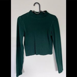 American Eagle Forest Green Long Sleeve Ribbed Cropped Mock Neck Top Size Medium